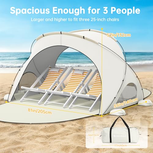 Raynesys Beach Tent Sun Shelter, Beach Shade Tent with UPF50+ UV Protection, Sun Shelter for 1-3 Person, Beaches Shade with 2 Zippered Doors, Portable Tents for Camping Fishing, Beige - color: Beige, size: For 3 Person