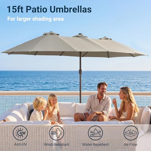 HOOOWOOO Outdoor Patio Umbrella With Solar Light,15 Ft Large Beach Umbrella,UV Protection Picnic Market Parasol Sunshade W Base Crank Handle For Backyard Deck Pool Shade - color: Light Gray