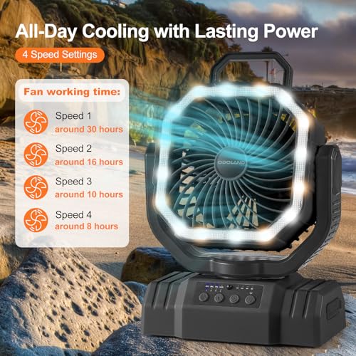 Odoland Portable Camping Fan with LED Lantern, 20000mAh Rechargeable Battery Powered Fan with Auto Oscillation, Timer, Remote, 360° Rotation Hook, 4 Speeds for Power Outage Travel Home, Black - color: Black