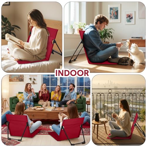 Jetec Foldable Floor Backrest Chair Portable Camping Chair with Storage Bag Light Weight Lazy Seat for Indoor Outdoor Bed Ground Park Lawn Concerts Beach Hiking - color: Red, size: X-Large