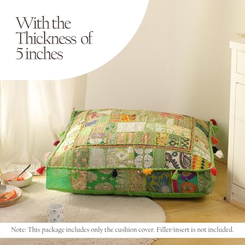 THE ART BOX Cotton Patchwork Vintage Boho Embroidered Floor Pillows & Cushion Cover Green Pouf Seating Pouf Meditation Pillow Pet Bedding Bed Boho Home Décor (35x35 Inches, Cover Only) - color: Light Green