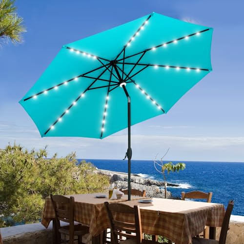 GDY 10Ft Patio Umbrella, Table Umbrella with 40 LED Lights, Outdoor Umbrellas for Patio, with Tilt and Crank, Center Light, for Garden, Deck, Backyard, Pool, and Beach. - color: Blue