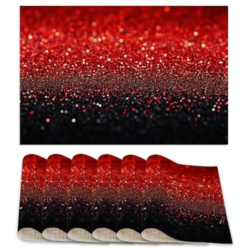 Placemats12x18 Inch,Red Black Gradienr Placemats,Glitter Kitchen Dining Coffee Table Mats Set of 6 for Home Indoor Outdoor Party - color: Red Black Gradienr,glitter