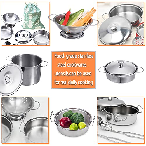 Cookware Pots and Pans Play Set with Cooking Mini Stainless-Steel Kitchen Cooking Utensils Toys,Pretend Toys for Kids, Educational＆Development Toy Kitchen Playset Accessories for Kids