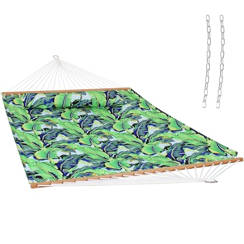 Sunnydaze Quilted Double Hammock for Outside with Spreader Bars and Pillow - 450 lb Capacity, 74x55 Inch Bed, UV Resistant, Quick Dry - Chains Included, Stand Sold Separately - Exotic Foliage - color: Exotic Foliage