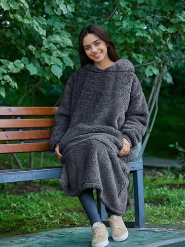 Sherpa Wearable Blanket Oversized Hoodie Sweatshirt TV Blanket with Long Sleeves and Pocket (DarkGray, One Size) - color: Darkgray