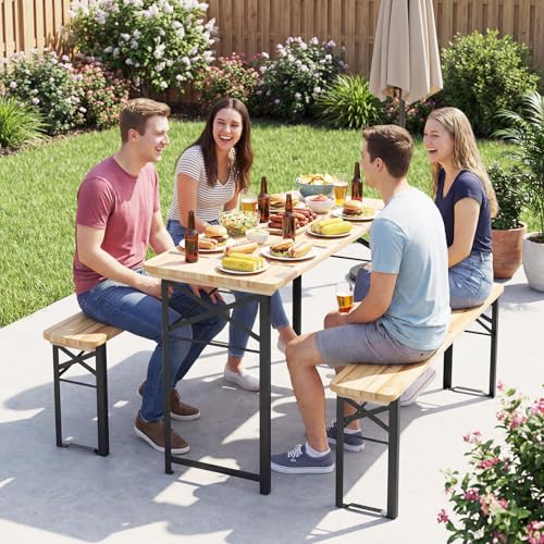 Giantex 3-Piece Folding Picnic Table with Benches Set, Solid Wood Camping Beer Table Bench Set with Metal Frame, Portable Patio Dining Furniture, Indoor & Outdoor Folding Table and Chairs for 4 (47'') - size: 47''