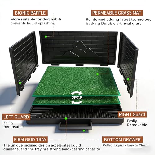 Dog Grass Pad with Tray, Puppy Potty Training System with 3 High Walls - Splashproof and Easy to Build, 2 Reusable Premium Grass Pads, Indoor Drawer-Type Fake Turf Pee Litter Box for Small Dogs