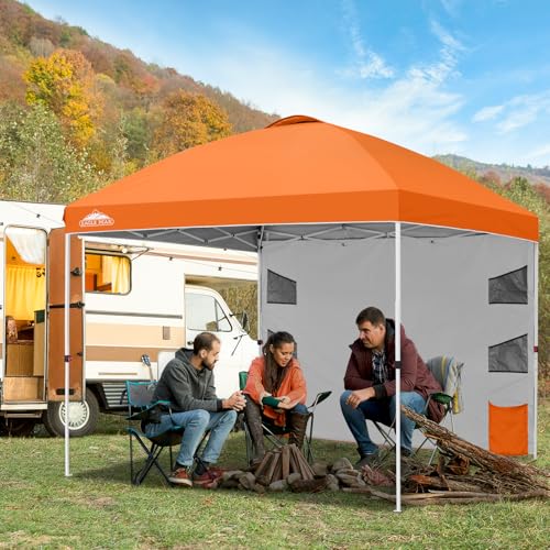 EAGLE PEAK Commercial Canopy 10x10 with Sidewall Storage, Easy OnePerson Setup Pop Up Canopy Tent with Roller Bag, Stakes, Ropes, and Weight Bags, Orange - color: Orange