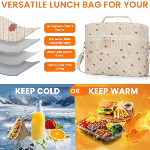 Tenot Insulated Lunch Box for Women Reusable, Leak Proof Cooler Lunch Bag Women for Work Stylish Quilted Lunch Tote Bag for Adult Picnic Travel Hiking Corduroy Strawberry - color: Corduroy Strawberry