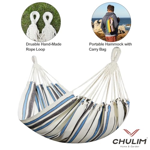 CHULIM Brazilian Double Hammock with Tree Straps,Extra Large 94x63IN,2 Persons Hammock for Backyard Patio Outdoor and Indoor,450lbs Weight Capacity,Soft Woven Cotton Fabric - Blue Stripe - color: Blue White Stripe