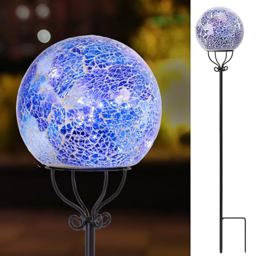 VCUTEKA Solar Outdoor Lights Garden Decor Mosaic Solar Garden Lights Waterproof Glass Ball LED Pathway Stake Light for Landscape Lawn Patio Yard Decoration 6 inch, Blue - color: Blue