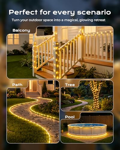 Brightown Solar Rope Lights, 2 Pack Total 78FT 200LED Warm White Solar String Lights Outdoor, IP65 Waterproof Solar Powered Fairy Lights with 8 Lighting Modes for Yard Garden Patio Tree Decoration - color: Warm White, size: 100 LED 2PACK