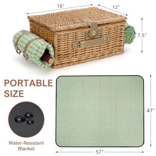 Picnic Basket for 4, Insulated Willow Picnic Baskets with Shoulder Strap, Picnic Hamper with Waterproof Picnic Blanket, Handmade Wicker Hamper for Outdoor Camping, GreenCheck - style: GreenCheck-4P