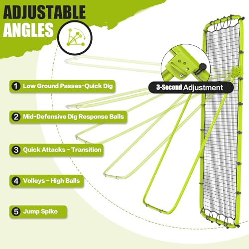 Volleyball Rebounder Net 7x4 Ft, 5-Angle Adjustable Rebounder Net for Practicing Digging, Setting, Spiking, Bounce Back Training Equipment with 2 Target Stripes & Portable Travel Bag for Storage - color: NET101-Green