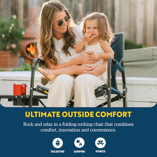 GCI OUTDOOR Freestyle Rocker with Side Table Camping Chair | Portable Folding Rocking Chair with Solid, Durable Armrests, Drink Holder & Comfortable Backrest — Heathered Indigo - color: Heathered Indigo, style: Freestyle Rocker W/ Side Table
