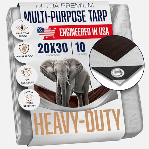 20x30 Heavy Duty Tarp, 10 Mil Thick, Waterproof, Tear & Fade Resistant, High Durability, UV Treated, Grommets Every 18 Inches. (Silver/Brown - Reversible) (20x30 Feet) - size: 20x30