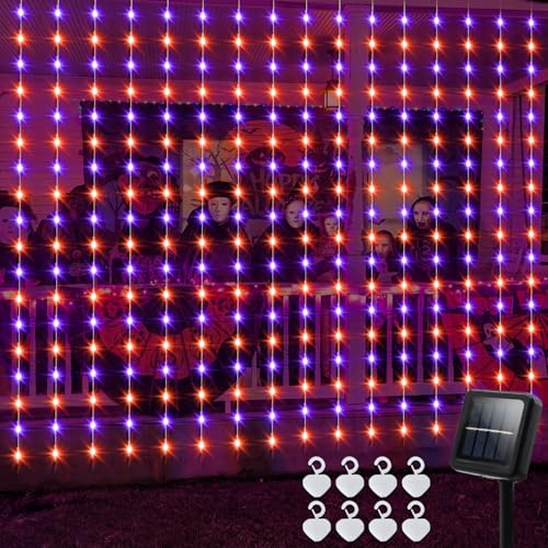 echosari Solar Halloween Curtain Lights Outdoor, 7.9ft x 6ft 144 LED Orange Purple Curtain Lights with 8 Modes Timer Waterproof for Indoor Outdoor Patio Fence Halloween Tree Party Decor - color: Orange & Purple, size: 7.9Ft x 6Ft