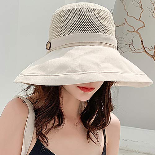 Women Mesh Sun Hats Summer Beach UV Protection UPF Packable Wide Brim Chin Strap - color: Yellowish-beige