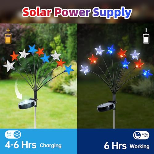 Lewondr 4th of July Decorations Solar Garden Lights, Fourth of July Red White and Blue Star Solar Lights Outdoor, Waterproof Patriotic Decor with 9 LED 2 Lighting Modes for Independence Day, 4 Pack - size: 4 Pack, style: 3-Color Star
