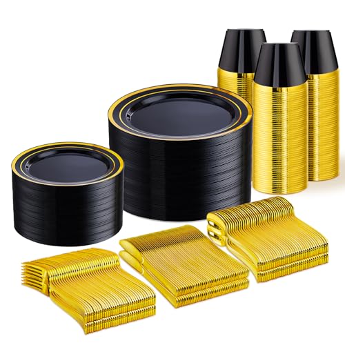 WELLIFE 450 PCS Black and Gold Disposable Dinnerware Set for 75 Guests, Plastic Plates for Party, Gold rimmed Dinner Salad Plates,Cups,Silverware Set for Halloween Party and Celebration - color: Black/Gold, size: 75 Guests