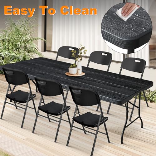 6ft Folding Table, Portable Heavy Duty Plastic Fold-in-Half Utility Table for Indoor/Outdoor Use, Dining, Camping, Picnic, Party, Black Woodgrain - color: Black Woodgrain