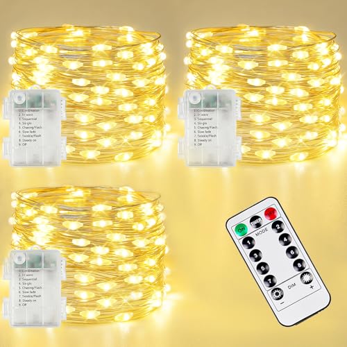 3 Pack Fairy Lights Battery Operated with Remote, 120LED 40FT Twinkle Lights Waterproof Outdoor Indoor Decor, 8 Modes Battery String Light Timer for Christmas Party Wedding Home DIY Décor(Warm White) - color: Warm White, size: 3 Pack 120led