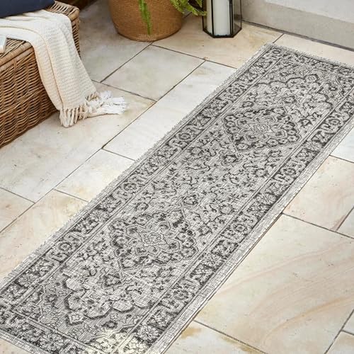 JONATHAN Y Boho Medallion Indoor Outdoor Runner Rug 2X8 Gray/Black, Rozetta Textured Weave for Backyard, Patio, Porch, Easy-Cleaning, High Traffic, Pet-Friendly, Non-Shedding (SMB102D-28) - color: Gray/Black, size: 2'2" x 8' (Runner)