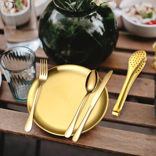 Camping Silverware Kit Cutlery Organizer Utensil Picnic Set Stainless Steel Plate Spoon Clip and Serrated Knife Wine Opener Fork Napkin Hiking - Camp Kitchen BBQ’s - color: Camping Silverware Set-24set-Gold