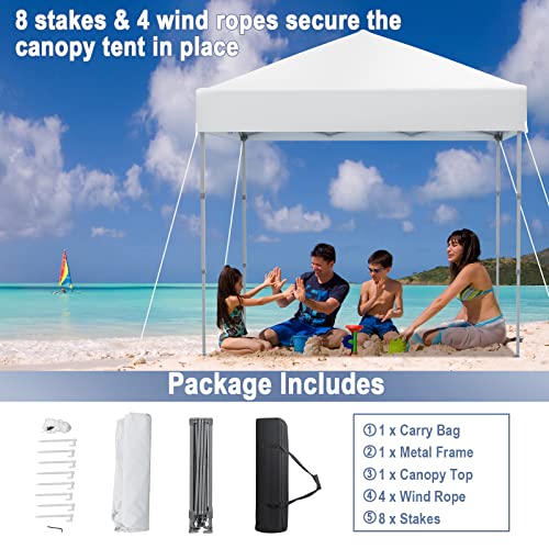 Tangkula 6.6x6.6 Ft Pop Up Canopy, 1 Person Instant Setup Portable Canopy Tent with Center Lock, UPF 50+ Sun Protection, 8 Stakes, 4 Ropes, Carrying Bag - color: White, size: 6.6x6.6FT