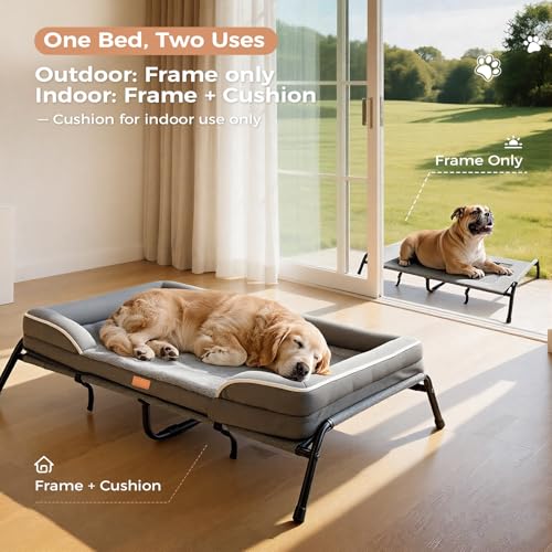 Lekereise Raised Dog Bed for Large Dog 46x33 Inch, Orthopedic Pet Beds with Waterproof Egg Crate Foam, Removable Dogs Couch Bed for Indoor Outdoor, 2-in-1 Design, Load 110lb, Grey