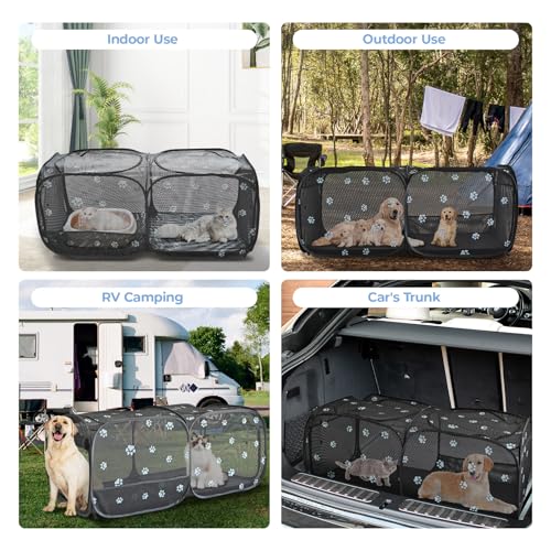 2-in-1 Dog Playpen 73.5''Pop Up Cat Pet Playpen, Assembly-Free Indoor Outdoor Kitten Enclosure, Breathable Cat Cage Portable Puppy Tent Crates,Spacious Kennel for Small Animals, No Confinement Feel(L) - color: Black, size: L, 73.3"L x 37.5"W x 32"H