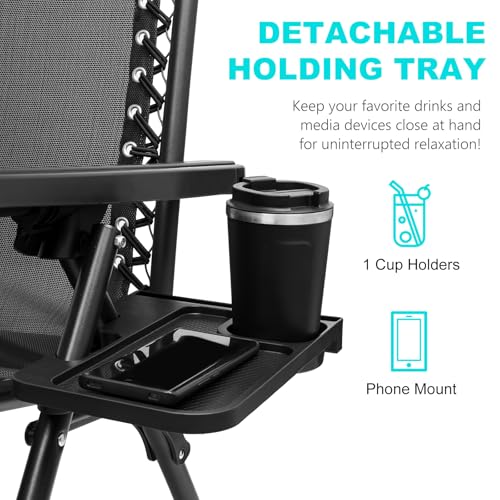 SZHLUX Set of 2 Adjustable Steel Mesh Zero Gravity Lounge Chair Recliners w/Pillows and Cup Holder Trays