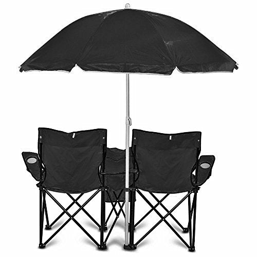 GoTEAM! Portable 2-Seat Folding Camp Chair with Cooler, Umbrella & Cup Holders – Outdoor Picnic, Beach, or Tailgate Seating – Carry Case Included - color: Charcoal