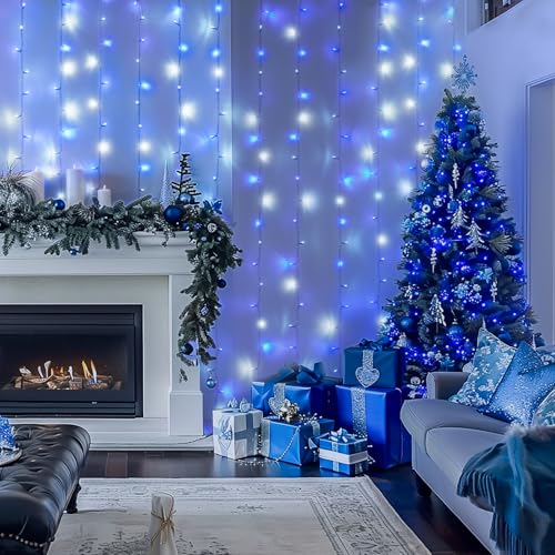 JMEXSUSS 300LED Christmas Curtain Lights Plug in with Remote, Blue and White Christmas Lights Indoor Outdoor, 8 Modes Hanging Fairy String Lights for Bedroom Window Wall Yard Patio Decor, 9.8x9.8ft - color: Blue and White, size: 300 LED