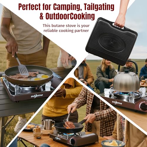 SHINESTAR 14000 BTU Butane Camping Stove, Portable Butane Stove with Brass Burner, One-Touch Piezo Ignition, Magnetic Safety Lock & Double Wind-Guard, Portable Gas Stove for Camping, RV, Emergencies - color: Brown - 14000 BTU Butane with Windscreen
