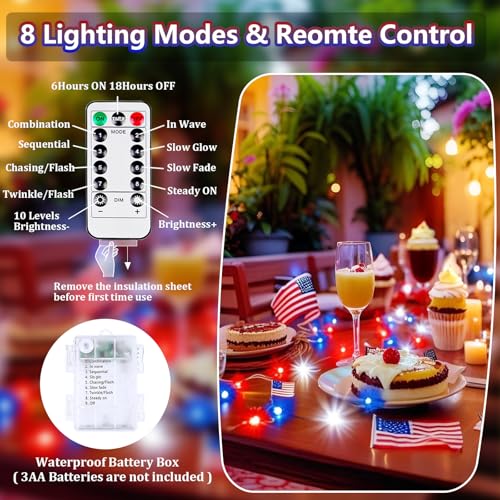 4 Pack Red White and Blue Fairy Lights Battery Operated with Remote, 33FT Waterproof 100 LED Patriotic String Lights with Timer & 8 Modes Outdoor Indoor for Independence Day 4th of July Decorations - color: Red Blue White, size: 4 Pack