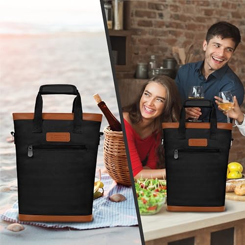 opux Two Bottle Wine Bag Carrier Tote, Insulated Leakproof 2 Bottle Wine Cooler Bag for Travel BYOB Picnic, Portable Wine Case, Gift for Men Women Wine Lover Birthday Party Christmas, Black - color: Black