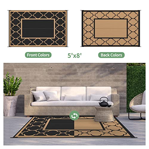 GENIMO 5' x 8' Outdoor Rug Waterproof for Patio Decor, Foldable Reversible Plastic Straw Area Rugs Mat for Camper, Outside Carpet for Rv, Deck, Porch, Picnic, Beach, Balcony, Black & Brown - color: Black&brown, size: 5' x 8' (Rectangular)