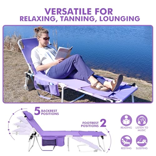 Tanning Chair with Sun Canopy Face Hole Softer Padded Adjustable Washable, Heavy Duty Layout Folding Lounge Chair for Adults Outside Beach Reading Sunbathing Poolside Lawn, UPF 50+ Sun Shade, 300 LBS - color: Purple, size: Standard Size
