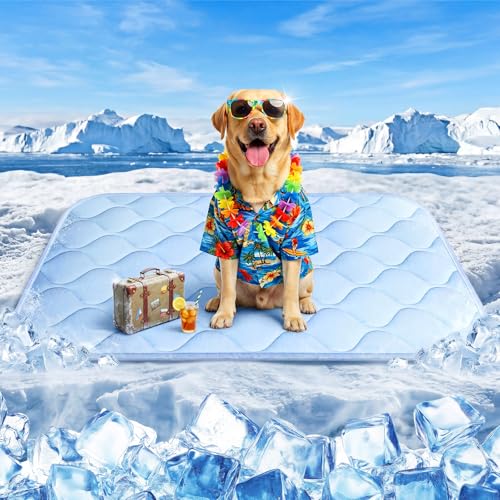 Dog Cooling Mat for Large Dogs, Long-Lasting Cool Pad for Dogs Outdoor & Indoor Use with Ice Silk Fabric & Waterproof Cover, Summer Cooling Pet Bed 36" x 26", Non-Slip Washable Pet Blanket - color: Blue Wave Stitching, size: Large