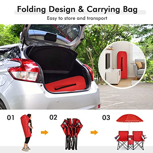 COSTWAY Double Portable Picnic Chairs, Folding Camping Chairs w/Detachable Umbrella, Cooler Bag, Cup Holders, Patio Beach Camping Chairs for Outdoors - color: Red