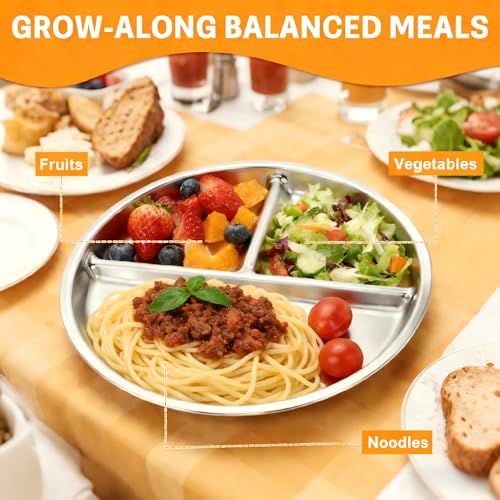 hunnycook Stainless Steel Plates - 4-Pack 9-Inch Unbreakable Stainless Steel Plate Set with 3 Partitions, Safe & Rust-Resistant Balanced Meals Plates for Dinner, Outdoors