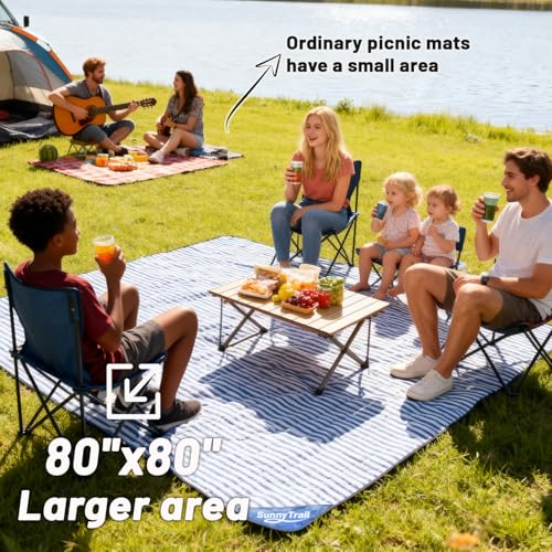 Large Waterproof Picnic Blanket 80"x80" – Extra Large Outdoor Mat for Beach, Park, Grass, Lawn, Camping, Sandproof & Portable, Foldable Rug, Wedding Registry Gift for Family & Travel - color: Chatham Blue Pinstripe
