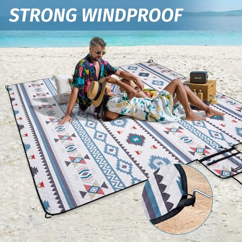 Picnic Blankets Extra Large - Beach Blanket Waterproof Sandproof with Shoulder Strap, Machine Washable, Outdoor Blanket with Stakes for Grass Concert, Park, Lawn,Travel,Spring Summer. Navy - color: Bohocheck