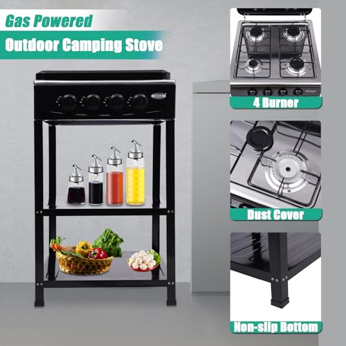 4 Burner Gas Stove Portable Outdoor Stove with Removable Storage Stand, Heavy Duty Stainless Steel Propane Gas Cooker with Wind Blocking Cover for Camping Picnic Home RV Cooking (no hose)