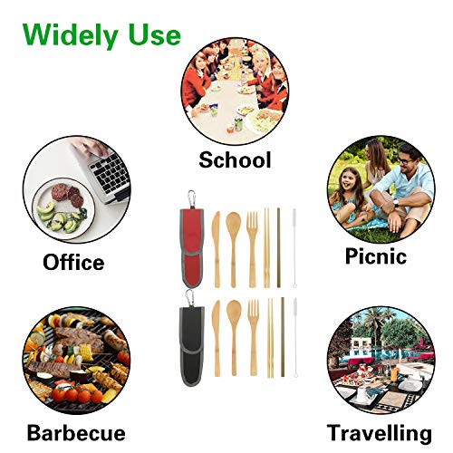 UPTRUST 2 Set Bamboo Cutlery Set Bamboo Travel Utensil Reusable Organic Bamboo Utensil Fork Knife Spoon Chopsticks Straw Cleaning Brush for Travel Picnic School Office（Black & Red） - color: Black/Red