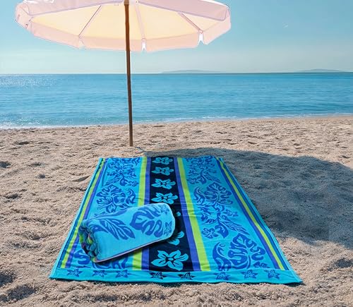 COTTON CRAFT Oversized Beach Towel - 2 Pack XL 39 x 68 inches Big & Huge Beach Blanket Towel - 100% Cotton Jacquard Velour - Super Soft Luxury - Pool Picnic Bath - Tropical Hibiscus Aqua Blue Purple - color: Hibiscus - Aqua Blue Purple, size: 2 Pack - 39x