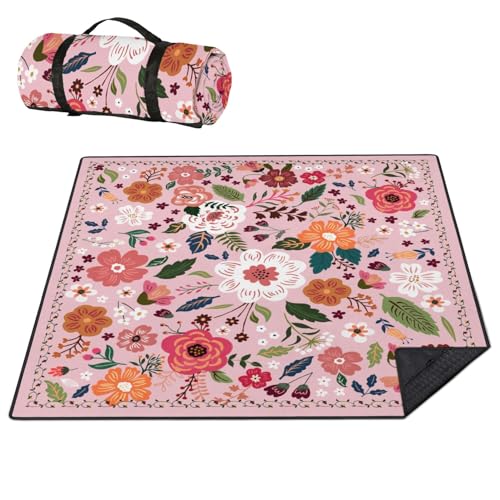 Picnic Blankets Waterproof Foldable Extra Large,80"x 80" Outdoor Beach Blanket Sandproof,3-Layer Lightweight Handy Mat Tote Picnic Camping Rugs for Outside Your Rv (Boho Vintage Floral Pink) - color: Picnic Blankets 13