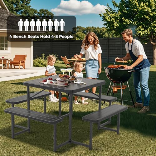 Giantex Picnic Table Bench Set for 4-8 People, 34" Outdoor Square Dining Table & 2 Benches w/Umbrella Hole, HDPE Tabletop, Metal Frame, Patio Camping Furniture for Backyard Porch Lawn (Black,Square) - color: Black, size: Square-34"x34"x30"